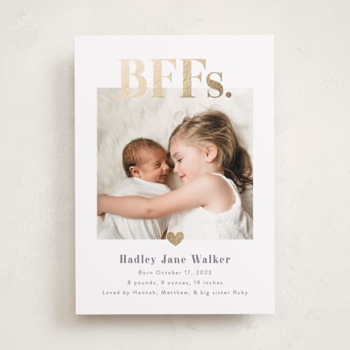 This is a mauve foil stamped birth announcements with foil pressed by Pink House Press called bffs printing on smooth signature in standard
