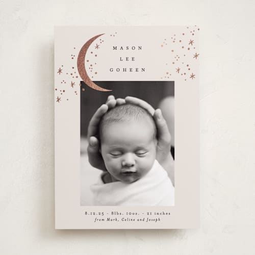 This is a cream foil stamped birth announcements with foil pressed by Alethea and Ruth called crescent moon and stars printing on smooth signature in standard