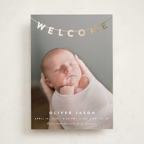 This is a cloud foil stamped birth announcements with foil pressed by Maria Alou called welcome banner printing on recycled smooth signature in standard