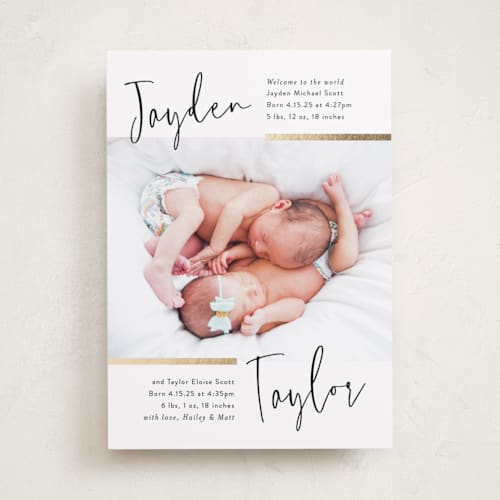 This is a silk foil stamped birth announcements with foil pressed by Pink House Press called double the love printing on smooth signature in standard