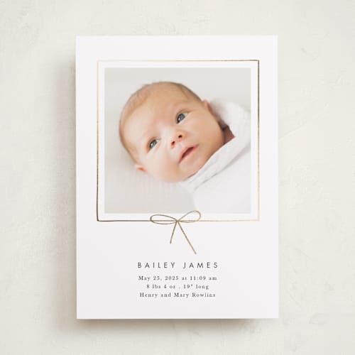 This is a cloud foil stamped birth announcements with foil pressed by Baumbirdy called little bow printing on recycled smooth signature in standard
