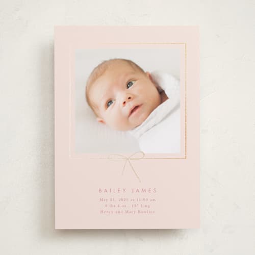 This is a petal foil stamped birth announcements with foil pressed by Baumbirdy called little bow printing on smooth signature in standard