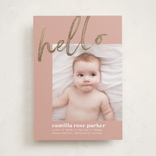 This is a clay foil stamped birth announcements with foil pressed by silverscreen studio called nature new printing on smooth signature in standard