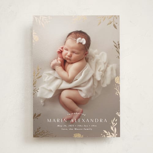 This is a sand foil stamped birth announcements with foil pressed by Kate Ahn called sparkling florals printing on smooth signature in standard