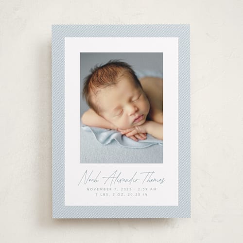 This is a sky birth announcements with standard by Lea Delaveris called corduroy printing on smooth signature in standard