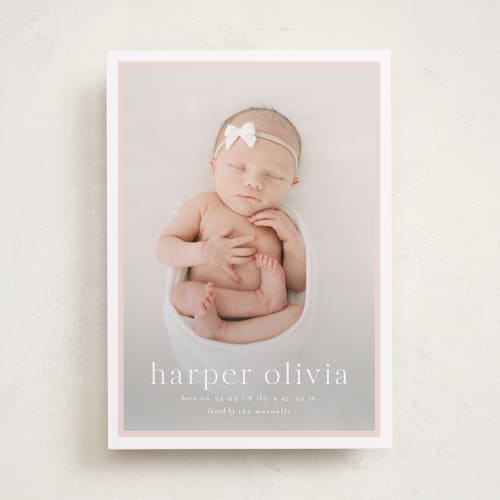 This is a rose birth announcements with standard by Alexandra Cohn called portraiture printing on recycled smooth signature in standard