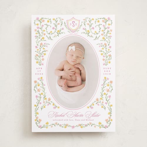 This is a cotton candy birth announcements with standard by Creo Study called cottagecore printing on smooth signature in standard