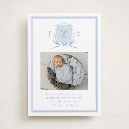 This is a sky birth announcements with standard by Corinne Malesic called crest printing on smooth signature in standard