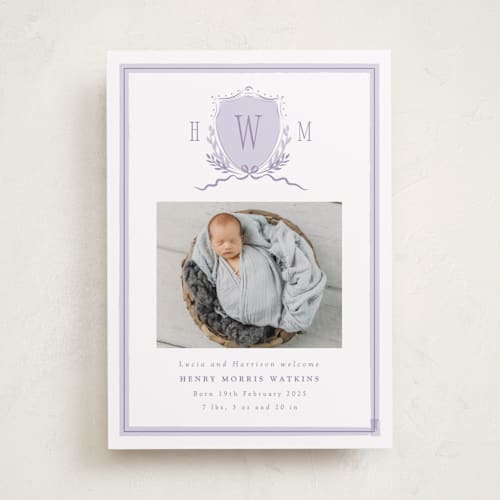 This is a lilac birth announcements with standard by Corinne Malesic called crest printing on smooth signature in standard
