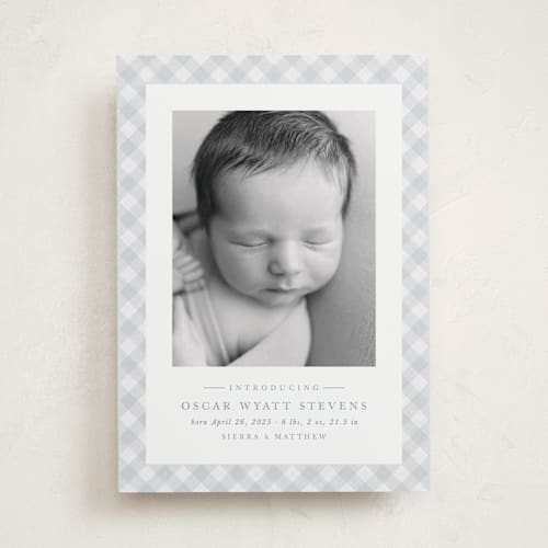 This is a sky birth announcements with standard by Lea Delaveris called checked printing on smooth signature in standard