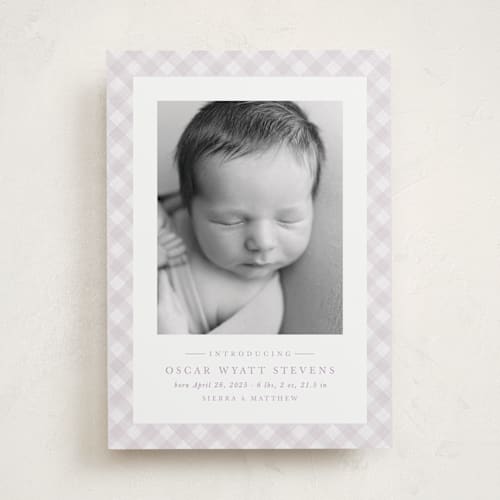 This is a lilac birth announcements with standard by Lea Delaveris called checked printing on smooth signature in standard