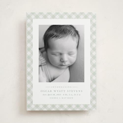 This is a leaf birth announcements with standard by Lea Delaveris called checked printing on recycled smooth signature in standard