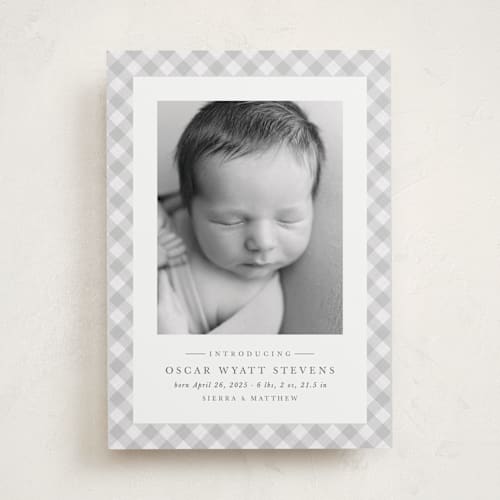 This is a pebble birth announcements with standard by Lea Delaveris called checked printing on recycled smooth signature in standard