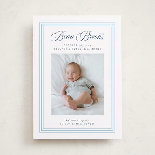 This is a baby blue birth announcements with standard by Alston Foster called little darling printing on recycled smooth signature in standard