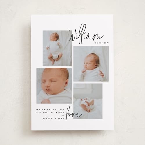 This is a onyx birth announcements with standard by Lindsay Stetson Thompson called overjoyed script printing on smooth signature in standard