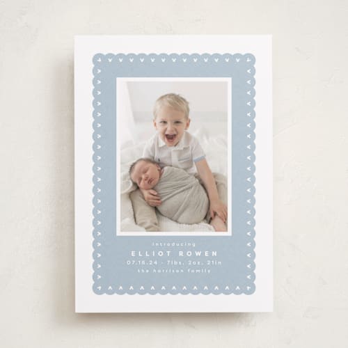 This is a chambray birth announcements with standard by Lea Delaveris called mickey fabric frame printing on smooth signature in standard