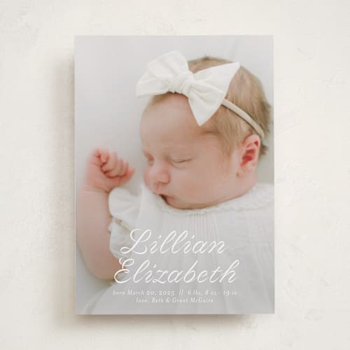 This is a cotton birth announcements with standard by Megan Davis called georgette printing on recycled smooth signature in standard