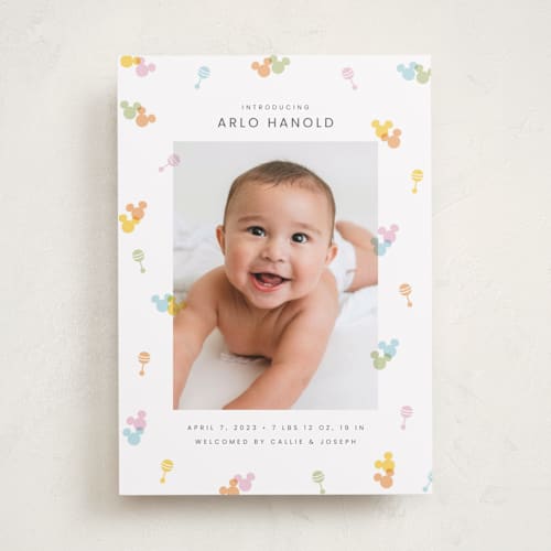 This is a candy birth announcements with standard by Ellen Schlegelmilch called disney's mickey confetti printing on smooth signature in standard
