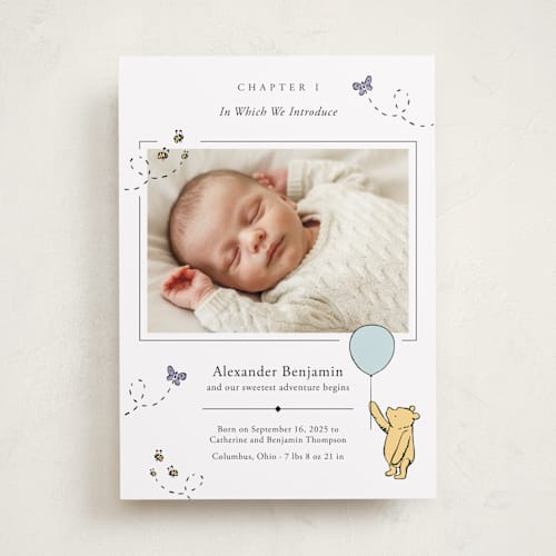 This is a cloud birth announcements with standard by Heather Schertzer called disney sweetest adventure printing on recycled smooth signature in standard