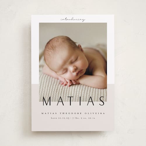 This is a ivory birth announcements with standard by Maria Hilas-Louie called big news printing on recycled smooth signature in standard
