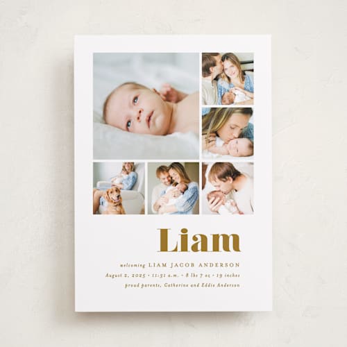 This is a golden birth announcements with standard by Ana Sharpe called bold arrival printing on smooth signature in standard