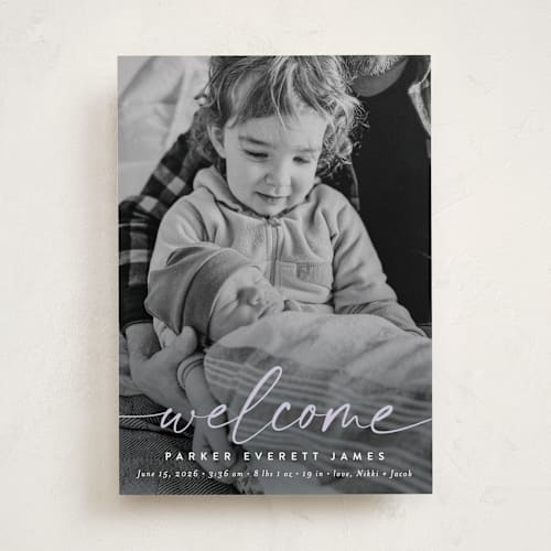 This is a lavender birth announcements with standard by Susan Asbill called little welcome printing on smooth signature in standard