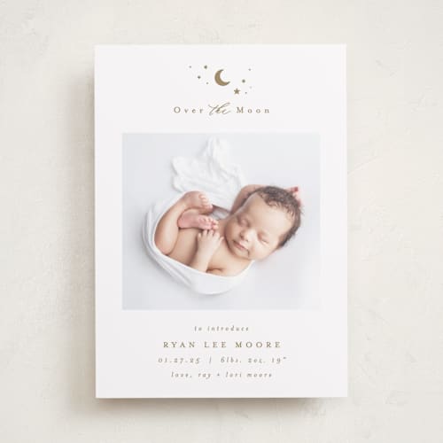 This is a fawn birth announcements with standard by AK Graphics called over the moon printing on smooth signature in standard