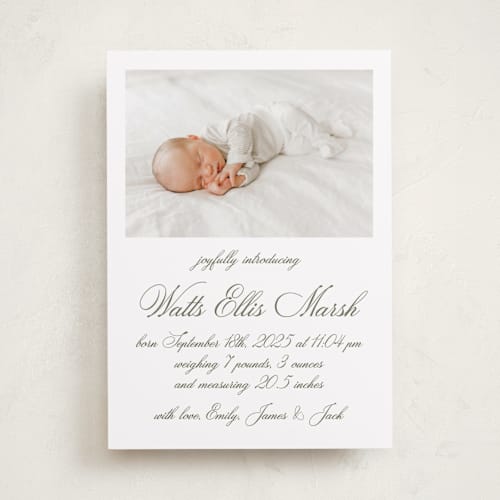 This is a fern birth announcements with standard by Megan Davis called walden printing on recycled smooth signature in standard