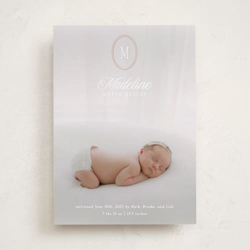 This is a petal birth announcements with standard by Robert and Stella called cameo printing on recycled smooth signature in standard