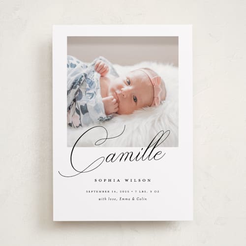 This is a ebony birth announcements with standard by Benita Crandall called the script printing on smooth signature in standard