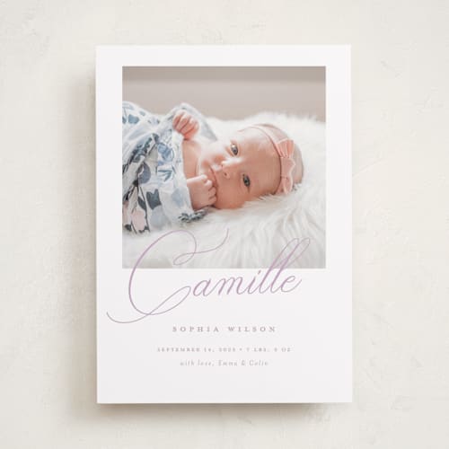 This is a lilac birth announcements with standard by Benita Crandall called the script printing on smooth signature in standard