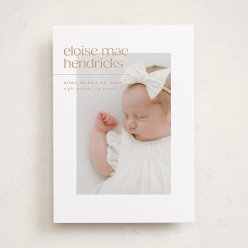 This is a peach birth announcements with standard by Ellen Schlegelmilch called eloise printing on smooth signature in standard