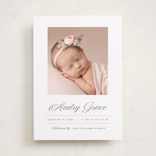 This is a peony birth announcements with standard by Pixel and Hank called elegance printing on smooth signature in standard