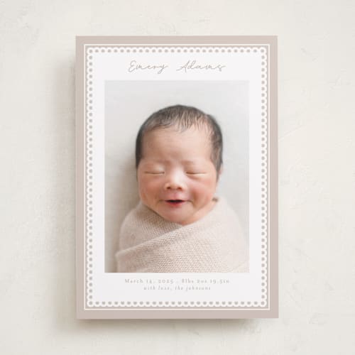 This is a fawn birth announcements with standard by Nicole Walsh called stitched frame printing on recycled smooth signature in standard