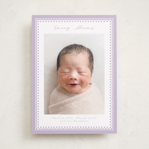 This is a lilac birth announcements with standard by Nicole Walsh called stitched frame printing on smooth signature in standard
