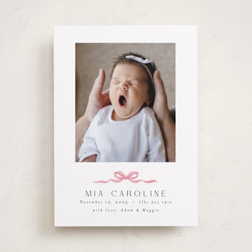 This is a cotton candy birth announcements with standard by Paula Pecevich called sweet bow printing on smooth signature in standard