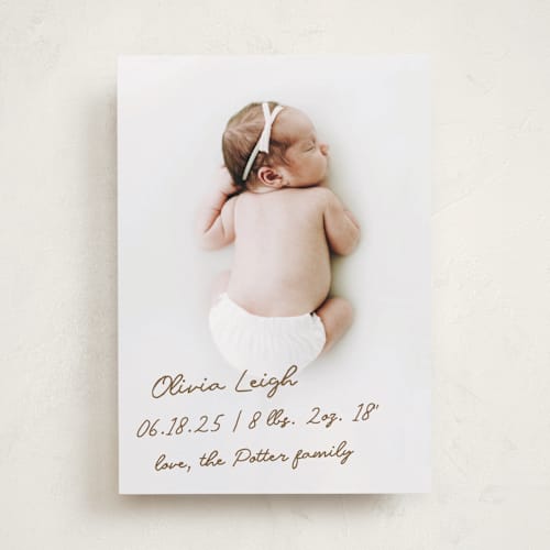 This is a bark birth announcements with standard by AK Graphics called signed with love printing on smooth signature in standard