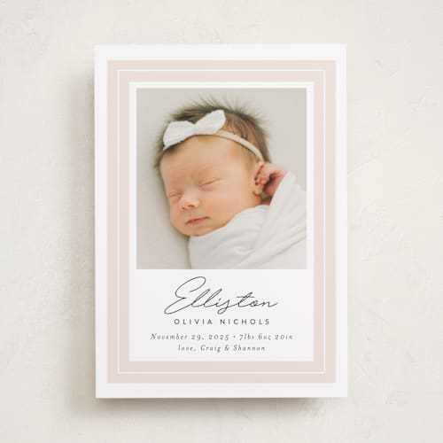 This is a blush birth announcements with standard by Jessica Williams called serene printing on smooth signature in standard