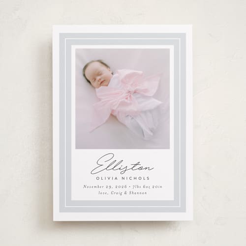 This is a cloud birth announcements with standard by Jessica Williams called serene printing on recycled smooth signature in standard