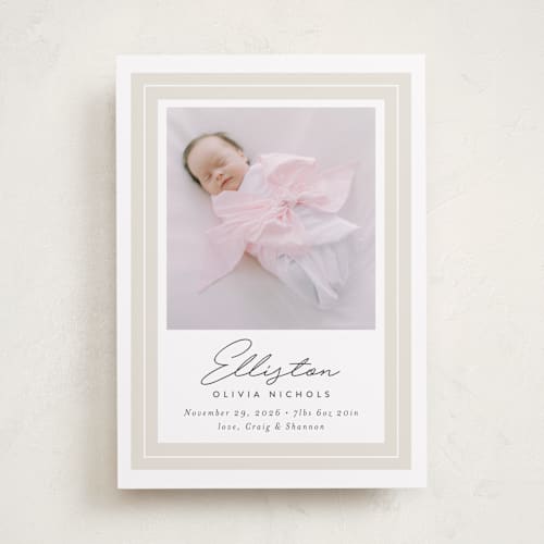 This is a mushroom birth announcements with standard by Jessica Williams called serene printing on recycled smooth signature in standard