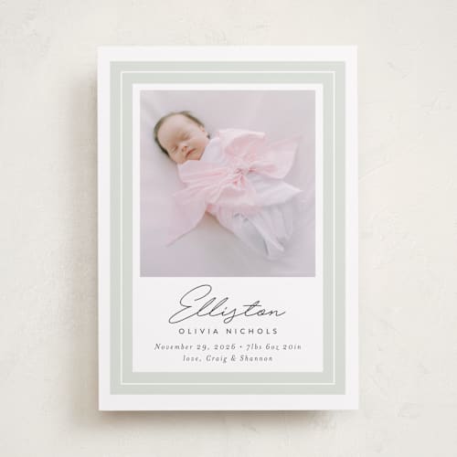 This is a sage birth announcements with standard by Jessica Williams called serene printing on recycled smooth signature in standard