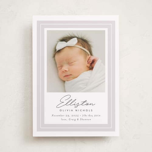 This is a lilac birth announcements with standard by Jessica Williams called serene printing on smooth signature in standard
