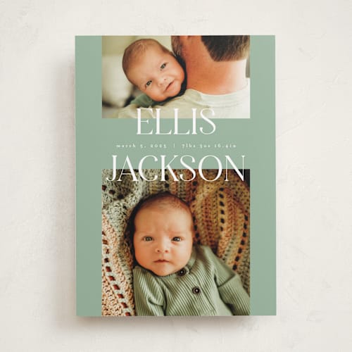 This is a aloe birth announcements with standard by Pixel and Hank called double time printing on smooth signature in standard