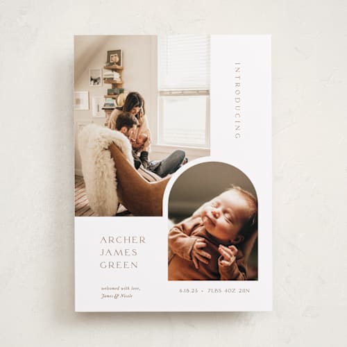This is a cotton birth announcements with standard by Robin Ott called modern inset printing on smooth signature in standard