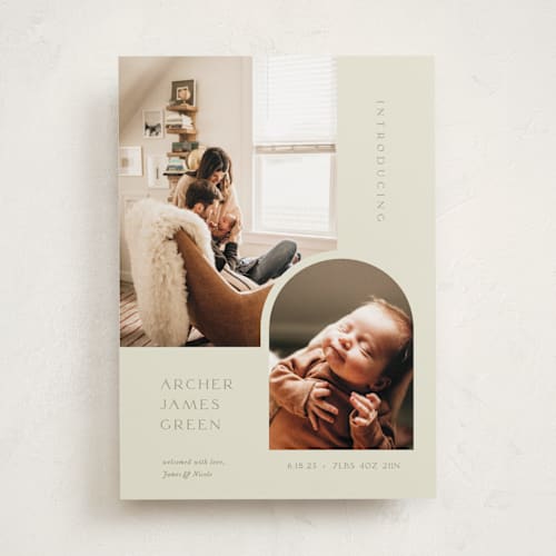 This is a olive birth announcements with standard by Robin Ott called modern inset printing on recycled smooth signature in standard