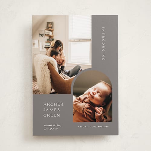 This is a stone birth announcements with standard by Robin Ott called modern inset printing on recycled smooth signature in standard