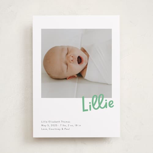 This is a clover birth announcements with standard by Megan Davis called jolly good printing on smooth signature in standard
