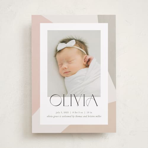 This is a sherbet birth announcements with standard by Pixel and Hank called artful printing on smooth signature in standard