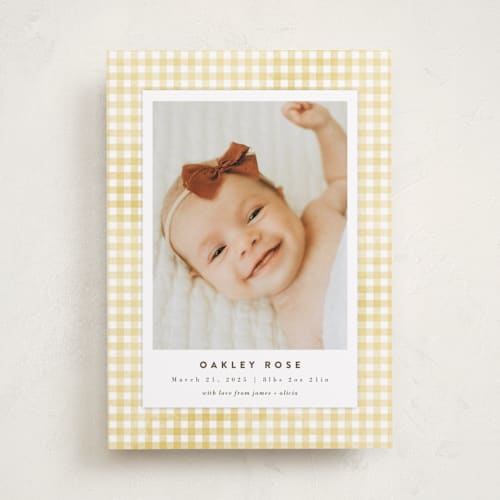 This is a marigold birth announcements with standard by Jessie Steury called gingham printing on smooth signature in standard