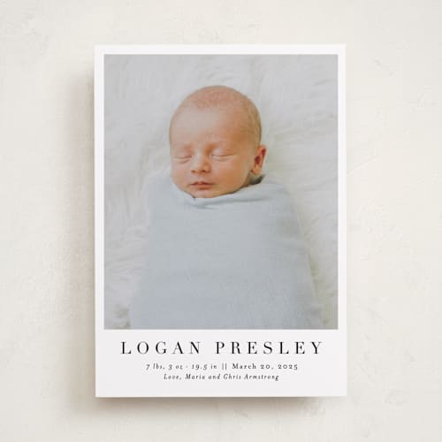 This is a ink birth announcements with standard by Megan Davis called menil printing on smooth signature in standard